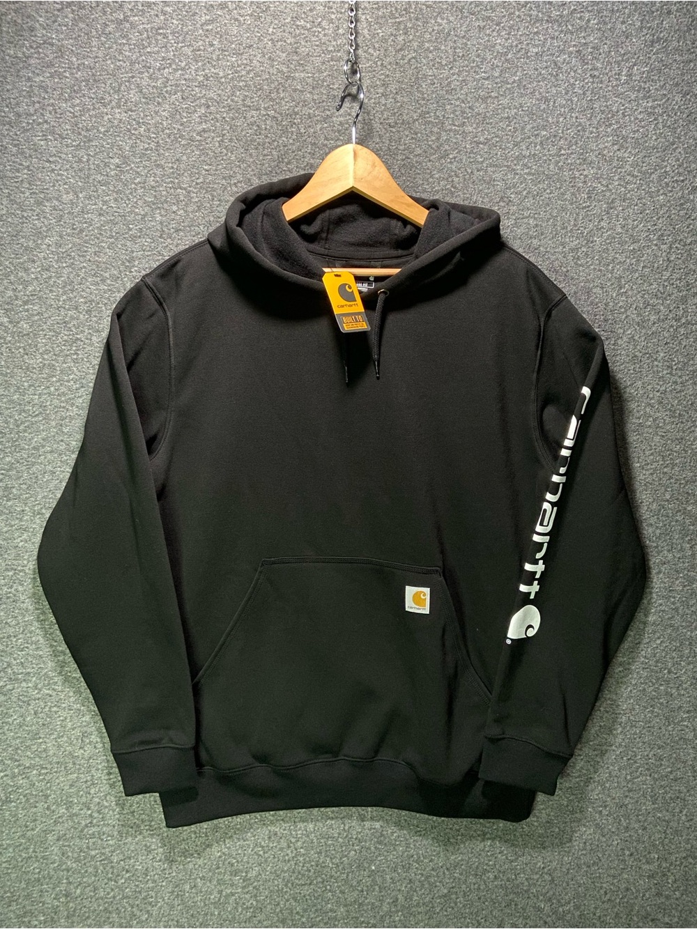 NWT Carhartt Mens Large Black Midweight Sleeve Logo Hoodie Sweatshirt Loose Fit